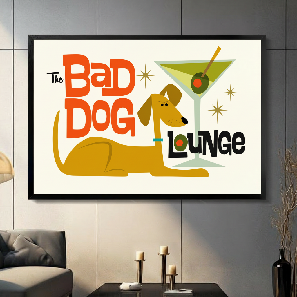 The Bad Dog Lounge retro mid-century modern framed canvas wall art with martini glass displayed in contemporary living room above coffee table