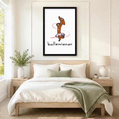 Framed ballewiener wall art of a dancing dachshund in a pink tutu displayed above a neutral linen bed in a serene Scandinavian-style bedroom