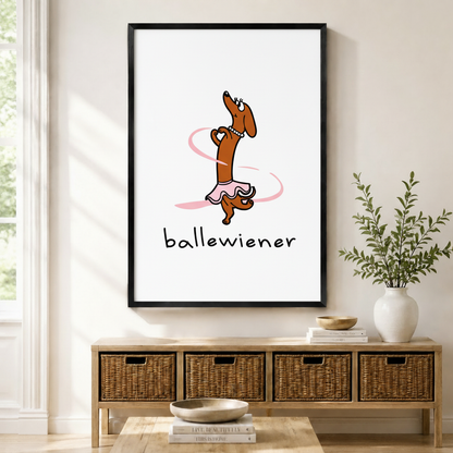 Framed funny wall art print of a dancing dachshund in a pink tutu and pearl necklace with the word ballewiener, displayed above a wicker storage console in a bright entryway
