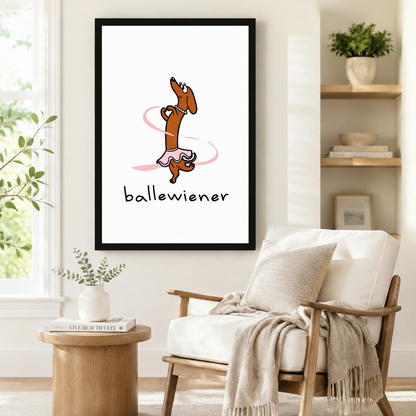 Funny framed art print of a wiener dog ballerina wearing a tutu and pearls mid-spin with ballewiener lettering, styled beside a linen armchair in a cozy reading nook