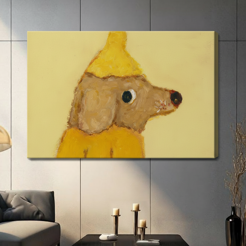Banana dog canvas wrap wall art, frameless yellow raincoat dog painting for contemporary home decor