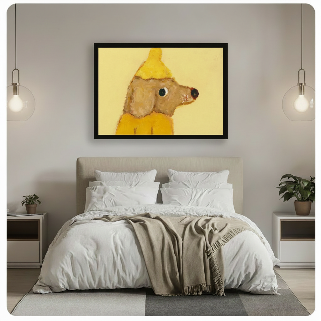 Banana dog black framed canvas art above bed, cute yellow raincoat dog painting bedroom wall decor