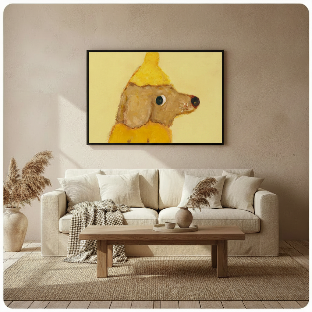 Banana dog framed painting above sofa in boho beige living room, yellow raincoat dog wall art decor