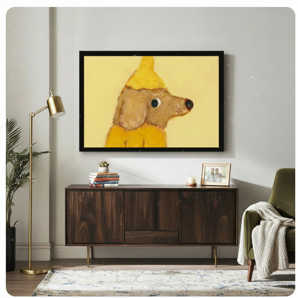 Banana dog portrait framed wall art above wooden sideboard, funny dog in yellow hat mid-century living room