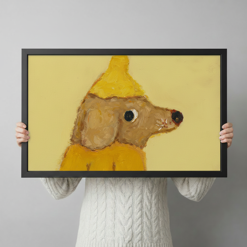 Banana dog framed wall art print hand-held size reference, funny dog in yellow raincoat portrait canvas