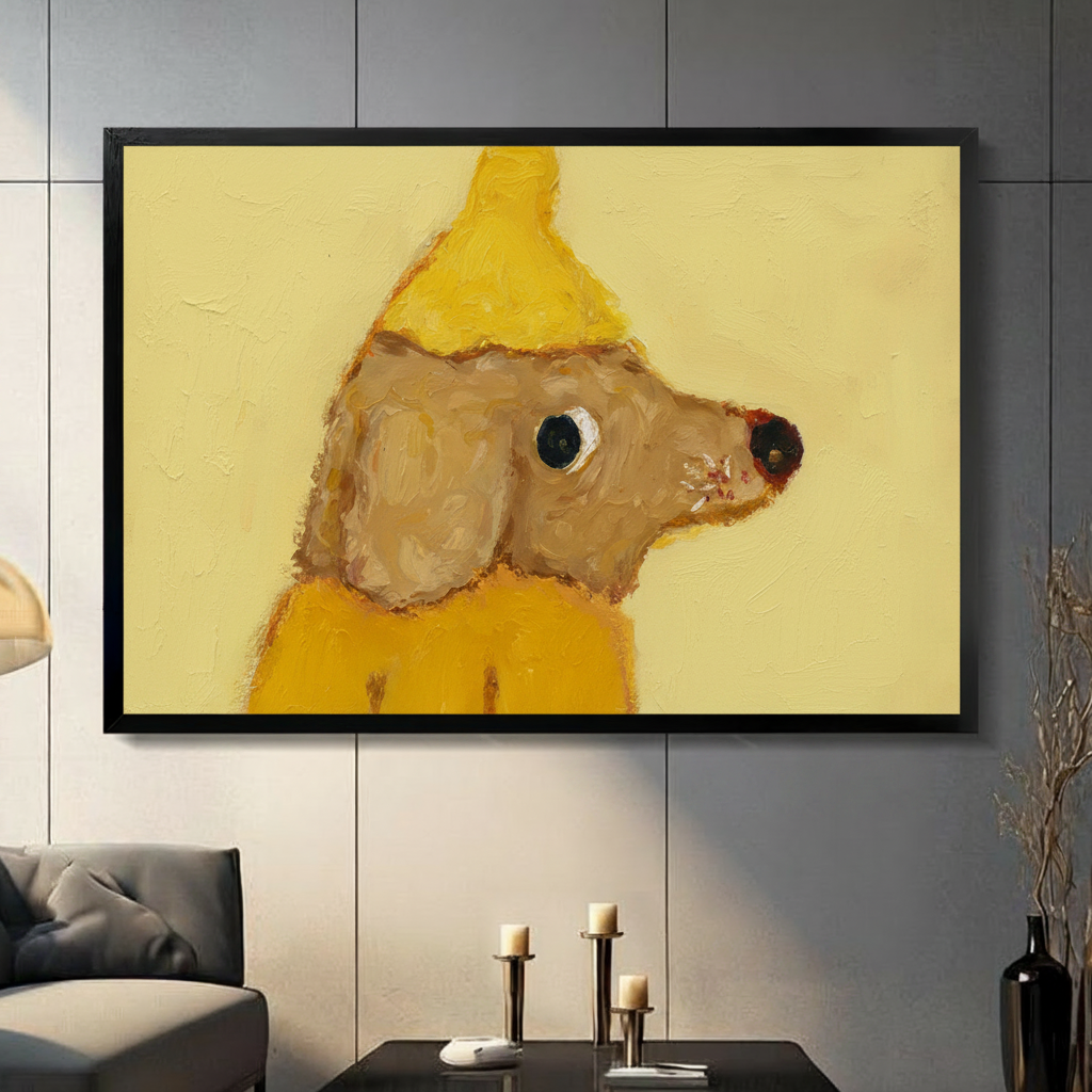 Banana dog oil painting wall art in black frame, cute dog in yellow raincoat canvas print for modern living room