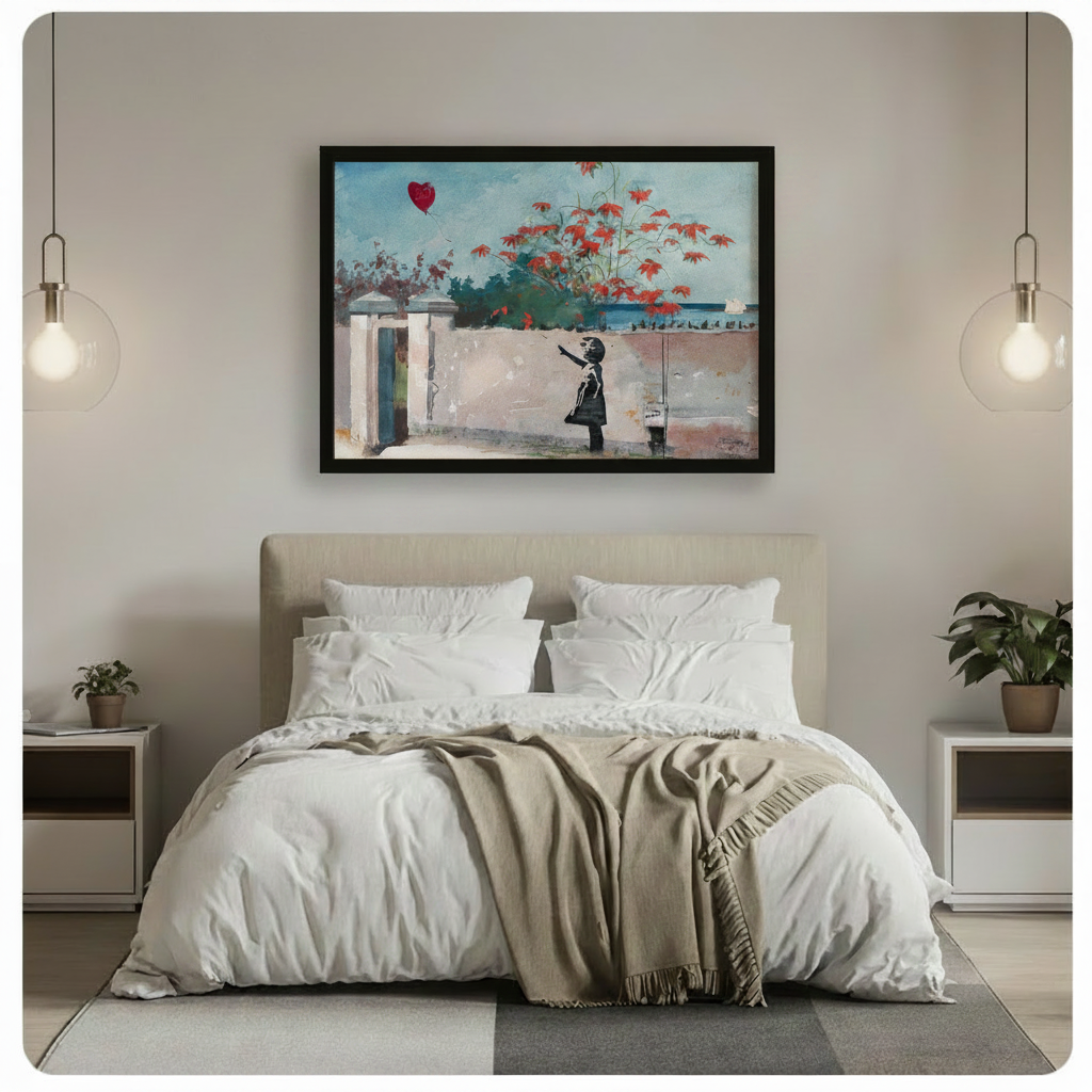 Framed street art impressionist oil painting black silhouette girl reaching up to release red heart balloon beside white stone wall with red flowering vines and ocean sailboat background canvas print above upholstered bed in minimalist bedroom with glass globe pendant lights - whimsical Banksy inspired girl with balloon wall art for contemporary bedroom decor