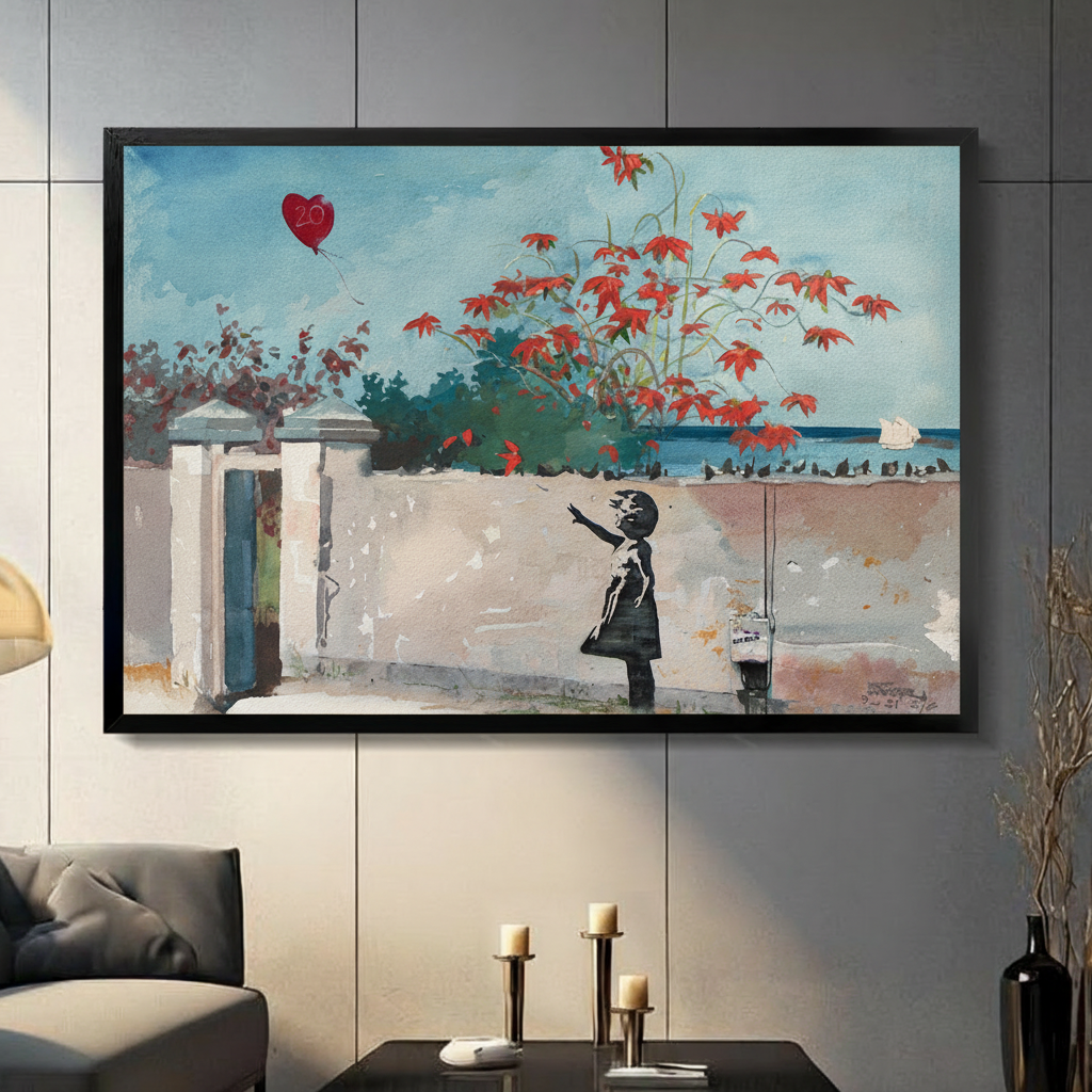 Framed street art impressionist oil painting black silhouette girl reaching up to release red heart balloon beside white stone wall with red flowering vines and ocean sailboat background canvas print on dark grey tile wall in modern living room - whimsical Banksy inspired girl with balloon wall art for contemporary home decor