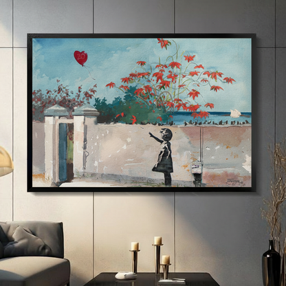 Framed street art impressionist oil painting black silhouette girl reaching up to release red heart balloon beside white stone wall with red flowering vines and ocean sailboat background canvas print on dark grey tile wall in modern living room - whimsical Banksy inspired girl with balloon wall art for contemporary home decor
