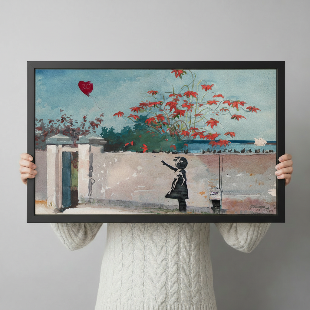 Person holding large framed street art impressionist oil painting black silhouette girl reaching up to release red heart balloon beside white stone wall with red flowering vines and ocean sailboat background canvas print with both hands - close up view of whimsical Banksy inspired girl with balloon wall art with black frame finish