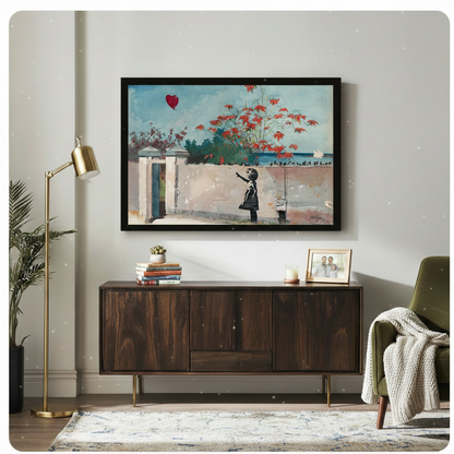 Framed street art impressionist oil painting black silhouette child stretching arm toward floating red heart balloon along weathered white wall with cascading red blooms and distant sailboat on teal sky canvas print above dark walnut sideboard on light grey wall with gold floor lamp and olive green armchair - dreamy Banksy inspired girl with balloon wall art for stylish modern living room decor