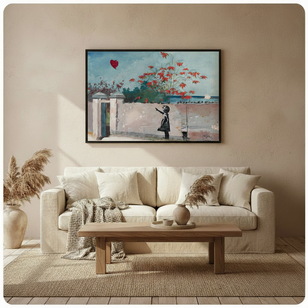 Framed street art impressionist oil painting black silhouette child stretching arm toward floating red heart balloon along weathered white wall with cascading red blooms and distant sailboat on teal sky canvas print above cream linen sofa on warm beige wall - dreamy Banksy inspired girl with balloon wall art for cozy Scandinavian living room decor