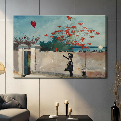 Unframed street art impressionist oil painting black silhouette child stretching arm toward floating red heart balloon along weathered white wall with cascading red blooms and distant sailboat on teal sky canvas print on dark grey tile wall in contemporary living room - dreamy Banksy inspired girl with balloon wall art for modern interior decor