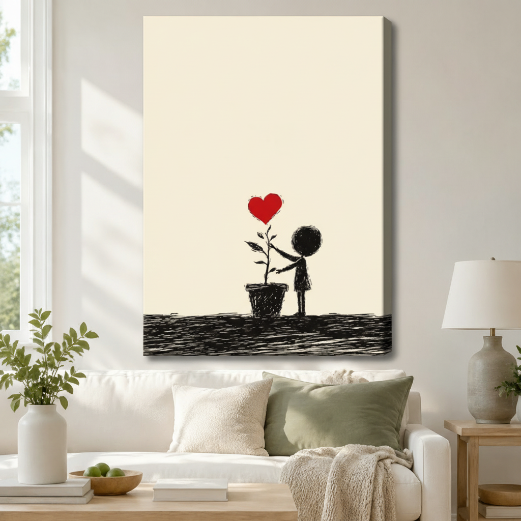 Banksy-inspired minimalist child figure and red heart plant gallery wrap canvas art in cream and black above a white sofa with sage green cushions, a knit throw blanket, and a ceramic table lamp in a bright living room