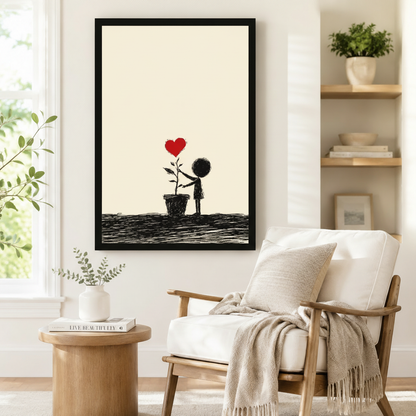 Minimalist Banksy-style black figure with red heart plant black framed wall art beside a white linen armchair with a linen throw blanket and open wood shelving with potted plants in a Scandinavian interior