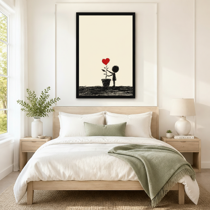 Black framed Banksy-inspired minimalist child and red heart plant canvas art above a bed with white linen bedding, a sage green throw blanket, light wood nightstands, a succulent, and a ceramic table lamp in a modern bedroom