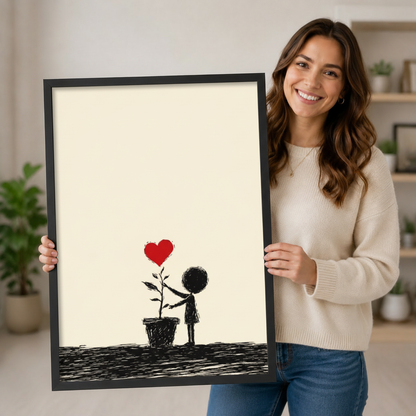Smiling woman holding a black framed Banksy-style minimalist black figure touching a red heart plant art print on a cream background against a neutral indoor background with potted plants