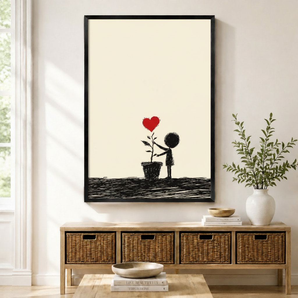 Banksy-style minimalist black figure touching a potted plant with red heart black framed canvas art above a rattan sideboard with wicker baskets and a white ceramic vase in a Scandinavian living room