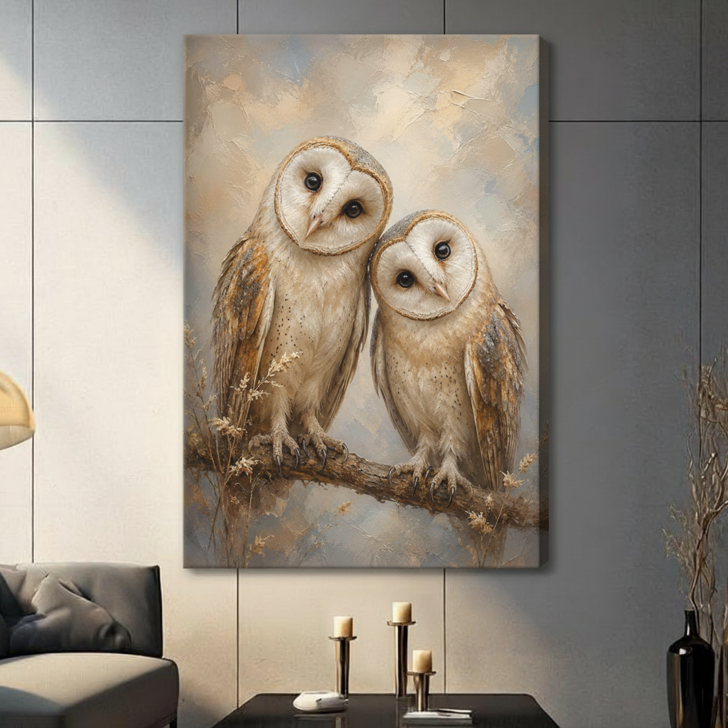 Romantic thick impasto oil painting of a pair of barn owls with distinctive white disc faces amber and taupe feather plumage and dark round eyes roosting together on a textured branch with fine golden wheat sprigs against a dreamy ivory and soft blue-gray atmospheric background stretched canvas wall art print hanging in a contemporary living room with dark gray tiled wall