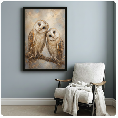 Serene impressionist oil painting of two fluffy barn owls with white heart-shaped facial discs and warm golden brown wings sitting close together on a rustic branch decorated with delicate golden grass stems the larger owl tilting its head toward the smaller one against a soft misty cream and blue-gray painted background framed art poster displayed beside a white fabric lounge chair with draped throw blanket against a soft blue-gray wall