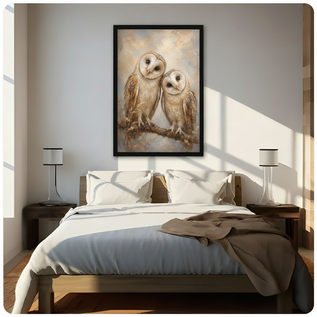 Peaceful impasto oil painting of two barn owls with signature white disc faces warm amber-brown feather texture and gentle dark eyes nestled side by side on a branch with golden dried grass accents the taller owl softly tilting toward its companion against a luminous cream and soft blue-gray cloudy background framed wall art print hanging above a modern bedroom bed with white linen bedding, dark wood nightstands, and minimalist white table lamps