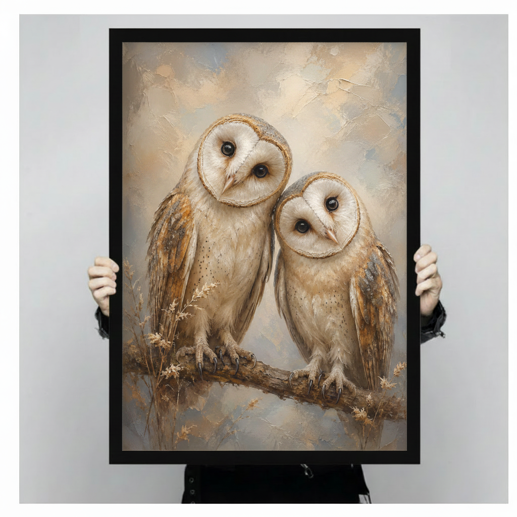 Intimate impasto oil painting of two barn owls with white heart-face markings golden-tan feathers and deep dark eyes perched together on a bare branch with fine golden botanical sprigs the larger owl leaning affectionately toward the smaller one on a soft ivory and pale blue misty background framed wall art print held up for size reference against a light gray neutral background