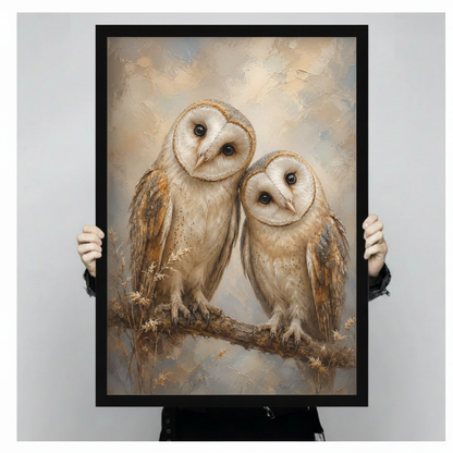 Intimate impasto oil painting of two barn owls with white heart-face markings golden-tan feathers and deep dark eyes perched together on a bare branch with fine golden botanical sprigs the larger owl leaning affectionately toward the smaller one on a soft ivory and pale blue misty background framed wall art print held up for size reference against a light gray neutral background