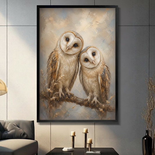 Tender impasto oil painting of two barn owls with white heart-shaped faces and warm golden-brown feathers perched side by side on a bare branch adorned with delicate golden grass sprigs leaning gently toward each other against a soft cream and pale blue-gray misty background framed wall art print displayed in a living room with dark gray sofa, pillar candle holders, and black decorative vase