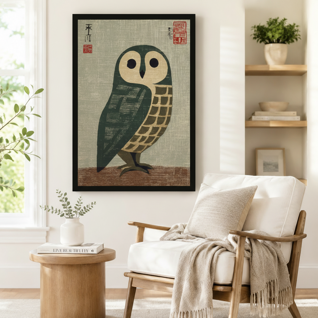 Framed barn owl ukiyo-e style art print in neutral reading nook with linen armchair and wood side table