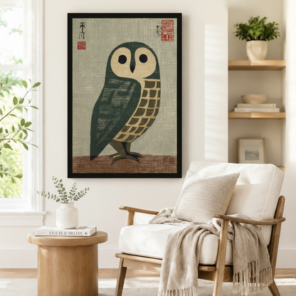 Framed barn owl ukiyo-e style art print in neutral reading nook with linen armchair and wood side table