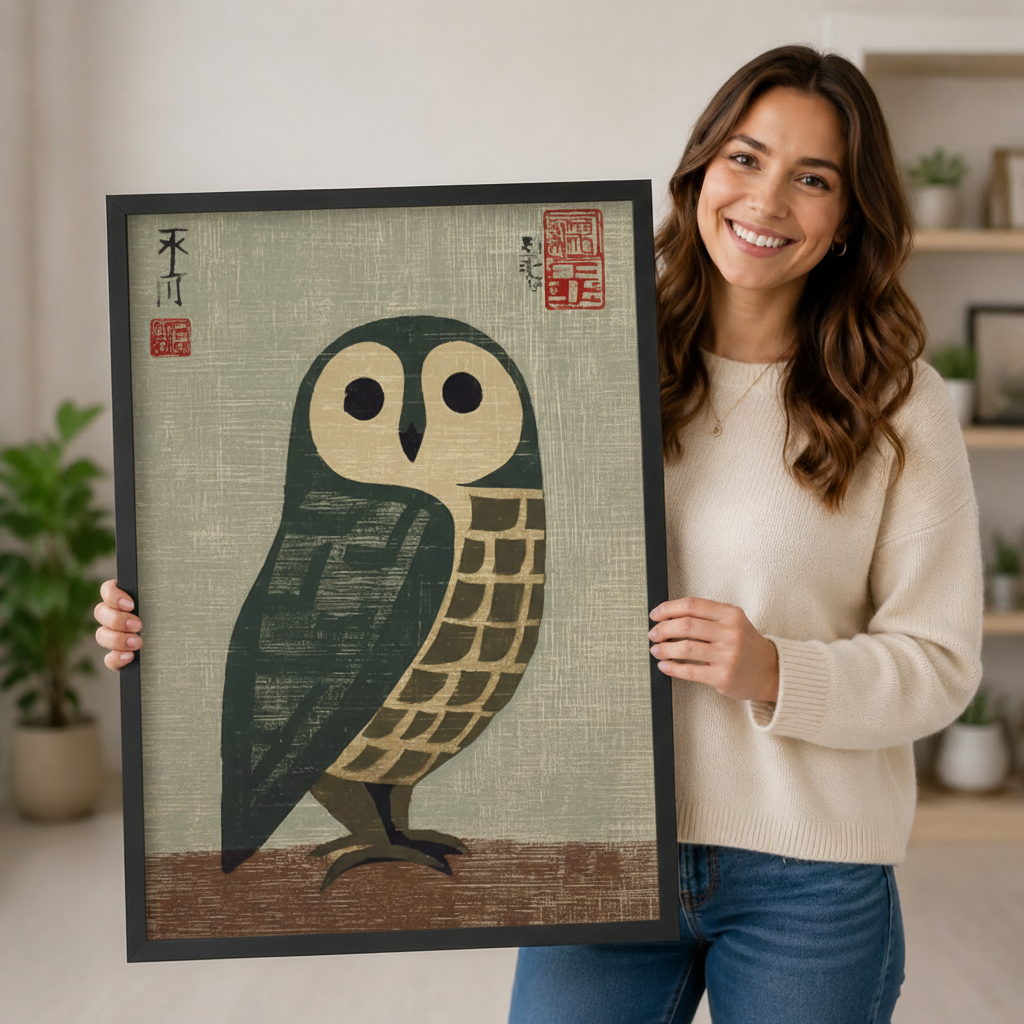 Woman holding large framed barn owl woodblock print showing print size and teal green color detail