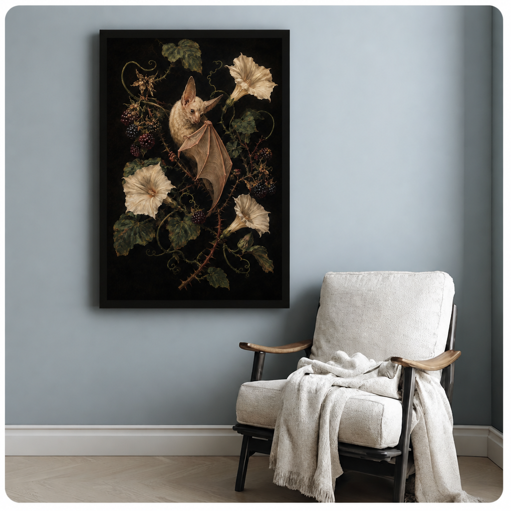 Bat floral canvas wall art above a white armchair, with a detailed bat and botanical blooms on a dark background