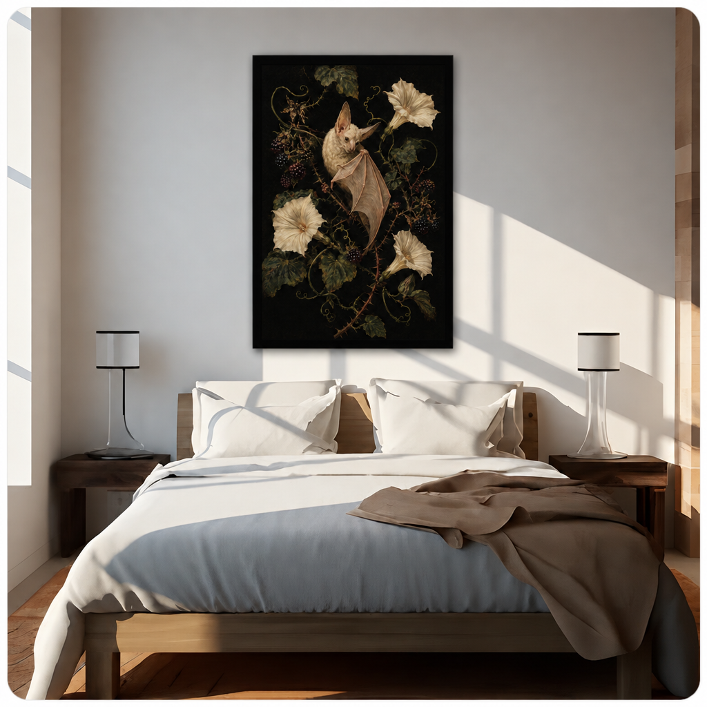 Bat floral canvas wall art above a bed, depicting a pale bat nestled among blossoms and curling vines