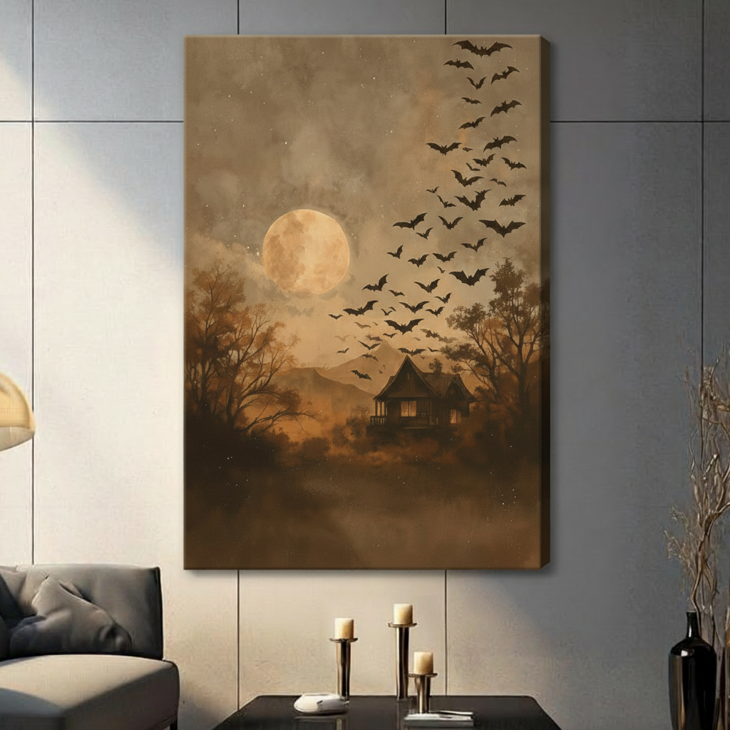 Atmospheric sepia-toned landscape painting of a haunted cabin in a foggy forest beneath a large warm moon with dozens of bats taking flight among gnarled bare trees and a starry smoky sky dark Halloween wall art stretched canvas in a living room with blue gray panel wall dark sofa candle holders and black vase