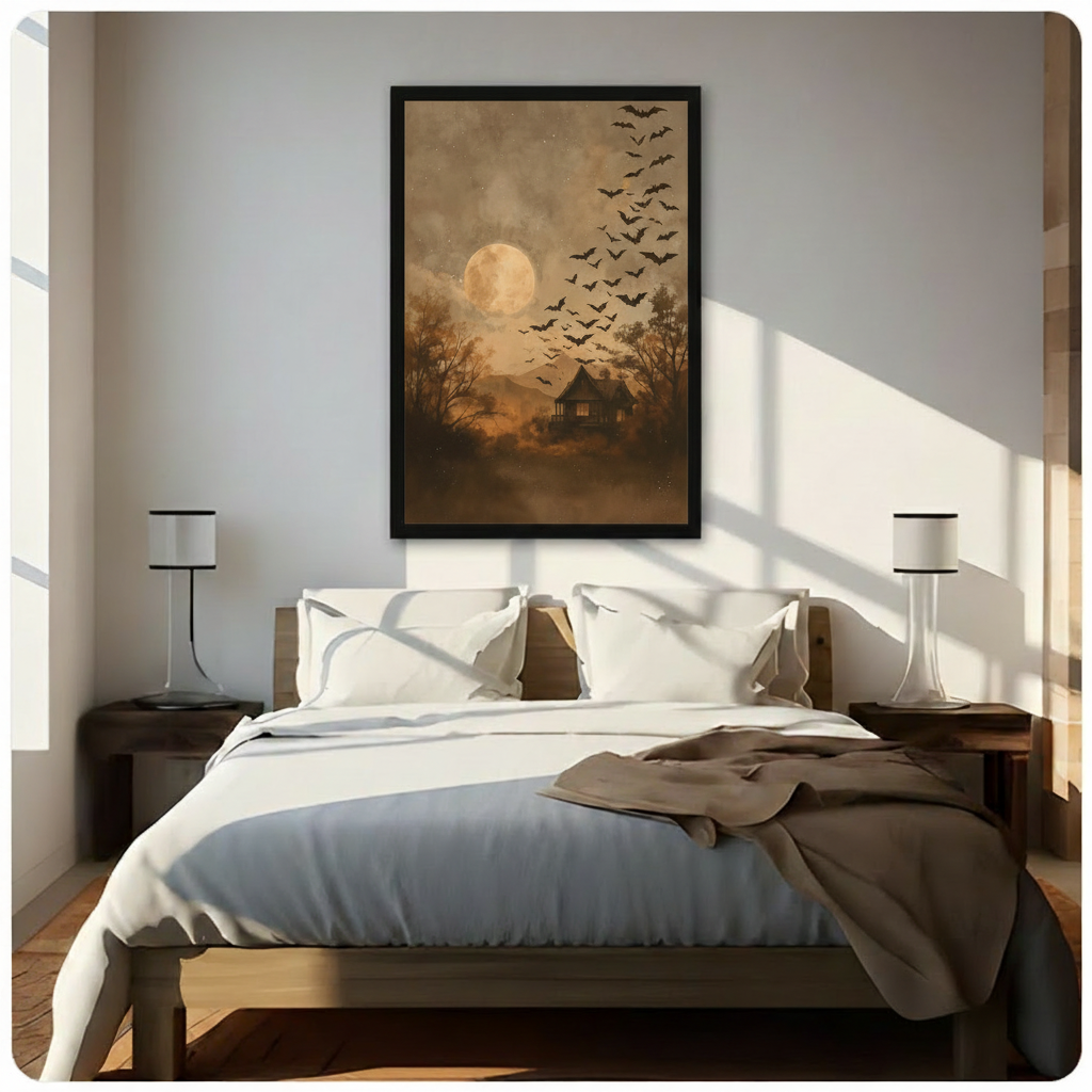 Eerie vintage oil painting of a moonlit haunted cabin in a misty dark forest with a flock of bats flying beneath a large warm amber moon and a star-dusted smoky sky Halloween gothic landscape wall art framed print above a bedroom with white linen bedding dark wood bed frame and white table lamp