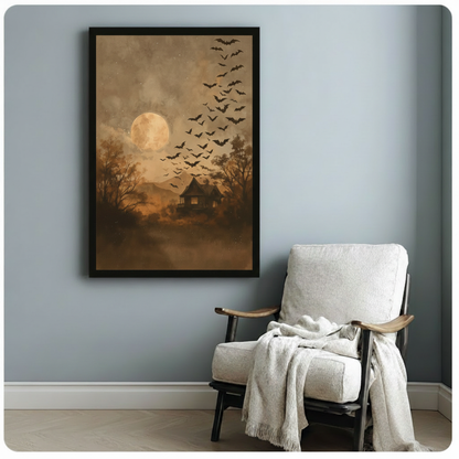 Moody vintage oil painting of a solitary lit cabin deep in a misty autumnal forest with a glowing full moon and a swirling mass of bats rising into a warm brown smoky sky gothic Halloween landscape wall art framed print beside a white linen armchair with wood arms and a cream throw blanket on a blue gray wall