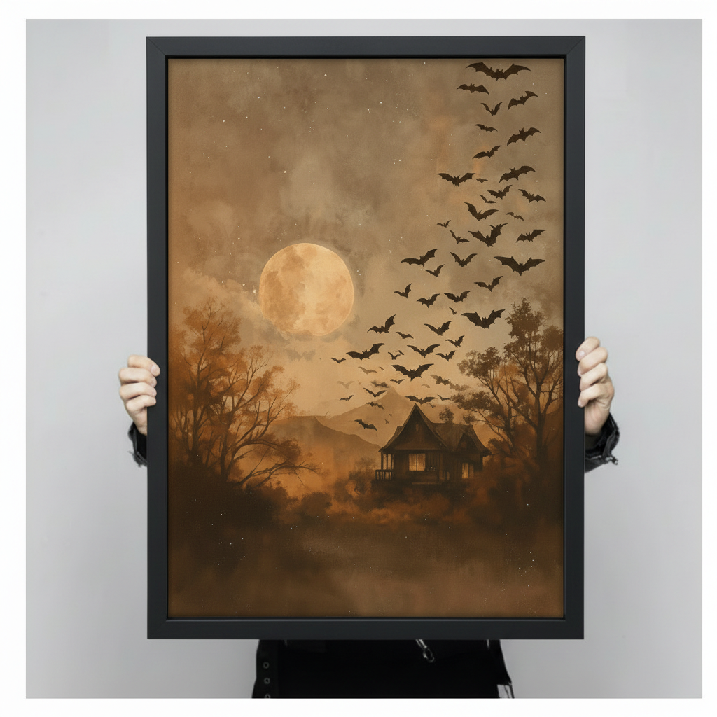 Dark romantic landscape print of a glowing amber moon casting warm light over a remote cabin in foggy woods with dozens of bats scattered across a burnt umber sky and bare tree silhouettes vintage Halloween wall art framed print held against a light gray background