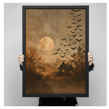 Dark romantic landscape print of a glowing amber moon casting warm light over a remote cabin in foggy woods with dozens of bats scattered across a burnt umber sky and bare tree silhouettes vintage Halloween wall art framed print held against a light gray background