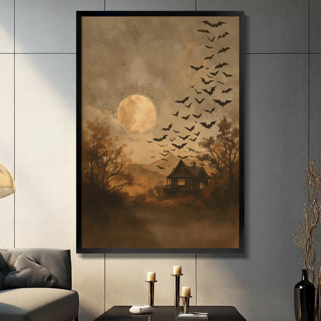 Vintage dark oil painting of a glowing amber full moon over a misty forest with a lone illuminated wooden cabin surrounded by bare trees and a large flock of bats spiraling into the night sky Halloween moody landscape wall art framed print in a living room with blue gray panel wall dark sofa candle holders and black vase