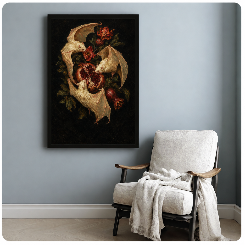  Bat pomegranate canvas wall art above a white armchair, depicting pale bats feeding among dark leaves and fruit