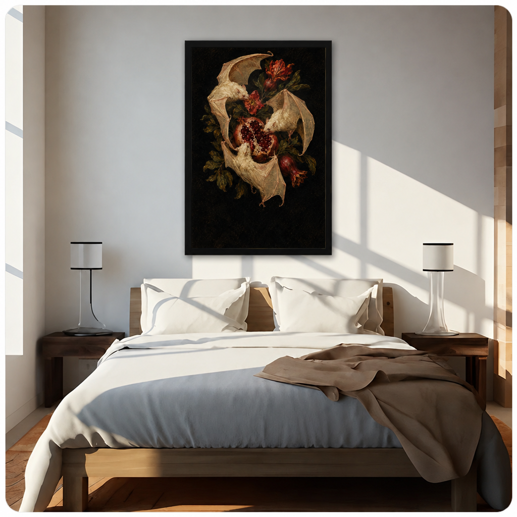 Bat pomegranate canvas wall art above a bed, featuring winged bats among pomegranate fruit and botanical details