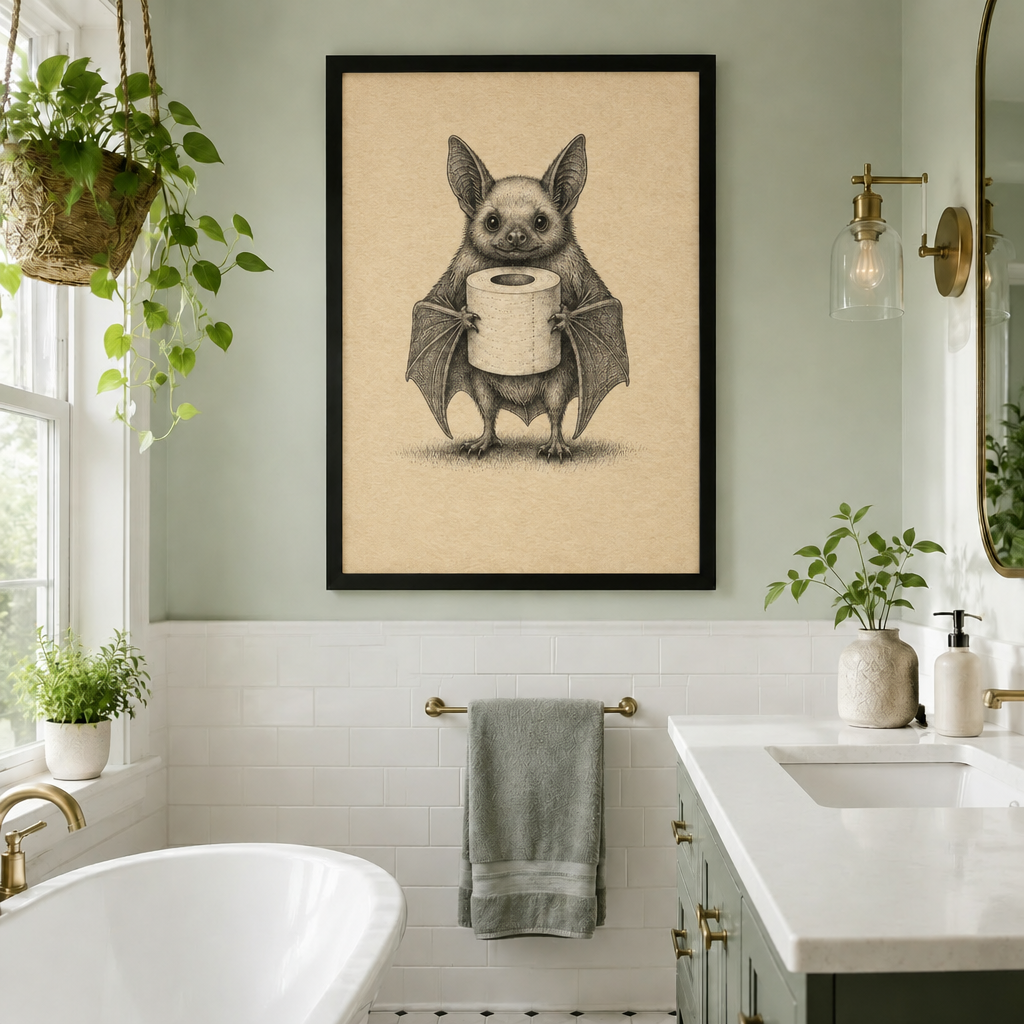 Bat toilet paper bathroom wall art in a bright bathroom, showing a winged bat holding a toilet paper roll above the sink⠋