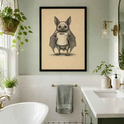 Bat toilet paper bathroom wall art in a bright bathroom, showing a winged bat holding a toilet paper roll above the sink⠋