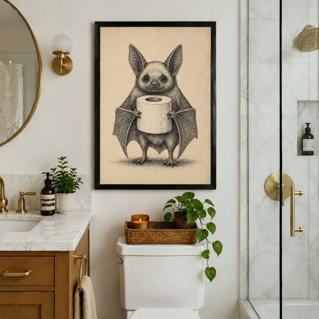 Bat toilet paper bathroom wall art displayed between a bathroom mirror and shower, with a bat clutching a paper roll