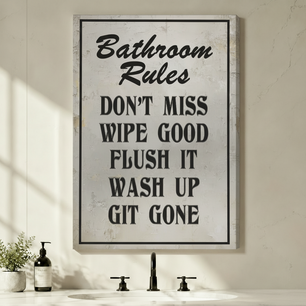 Unframed stretched canvas print of a humorous Bathroom Rules sign with distressed white background and bold black stencil lettering listing Don't Miss Wipe Good Flush It Wash Up Git Gone above a modern bathroom vanity