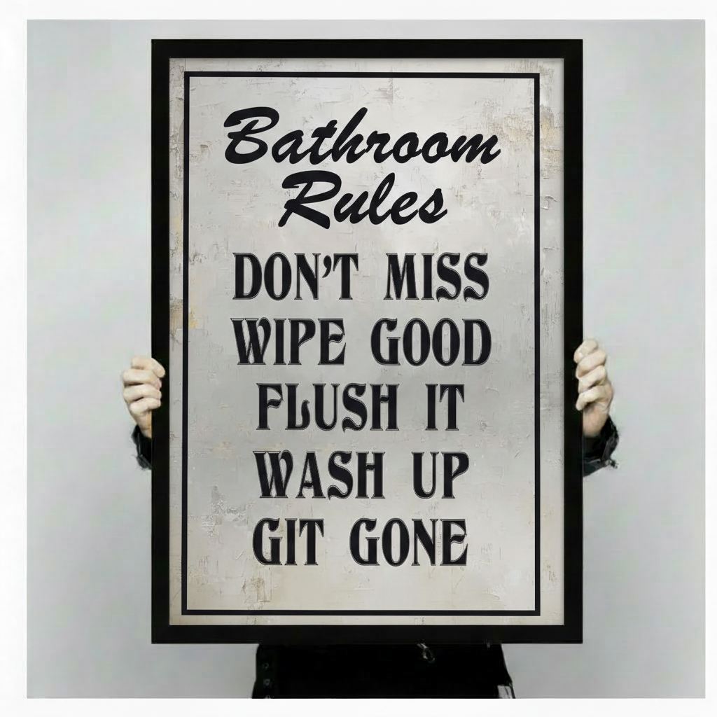 Person holding a large black framed Bathroom Rules humorous quote canvas art print showing print size scale and bold vintage distressed typography with Don't Miss Wipe Good Flush It Wash Up Git Gone text detail