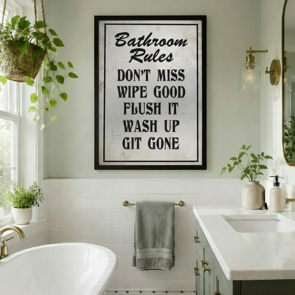 Framed vintage Bathroom Rules funny quote canvas wall art with bold black distressed typography on white textured background hung in a bright bathroom with freestanding bathtub gold hardware and hanging plants