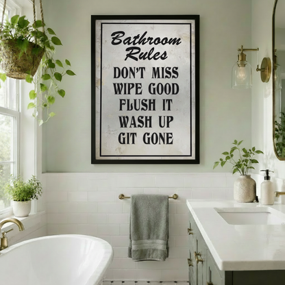 Framed vintage Bathroom Rules funny quote canvas wall art with bold black distressed typography on white textured background hung in a bright bathroom with freestanding bathtub gold hardware and hanging plants