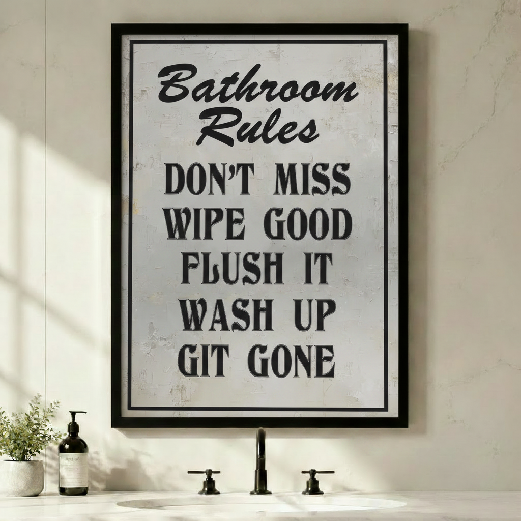 Framed funny Bathroom Rules quote canvas wall art with vintage distressed white texture and bold black typography reading Don't Miss Wipe Good Flush It Wash Up Git Gone displayed above a bathroom sink with green plants