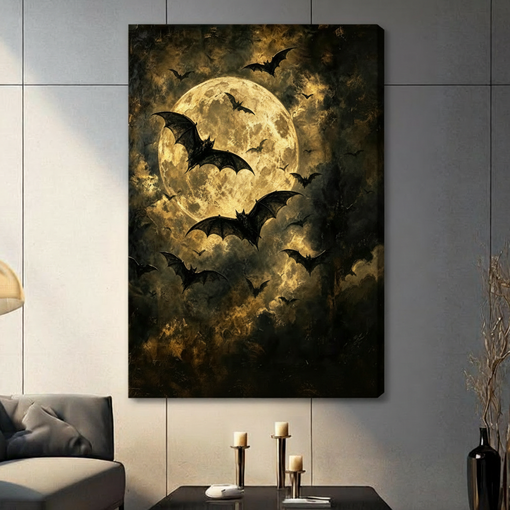  Gothic oil painting of black bats swarming a glowing golden full moon through dark stormy clouds wall art stretched canvas dark panel wall living room
